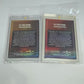 Two trading cards in protective sleeves on a white background
